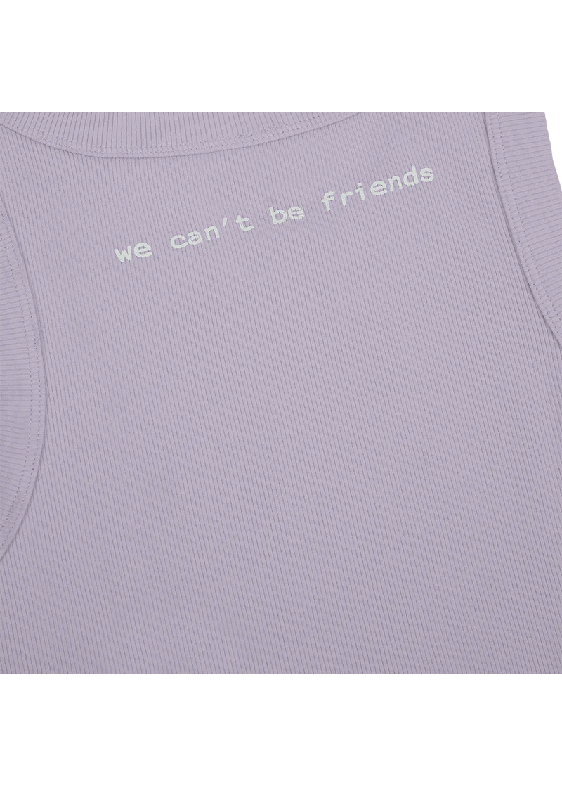 Ariana Grande we can't be friends ribbed tank top close-up with minimalist back text detail