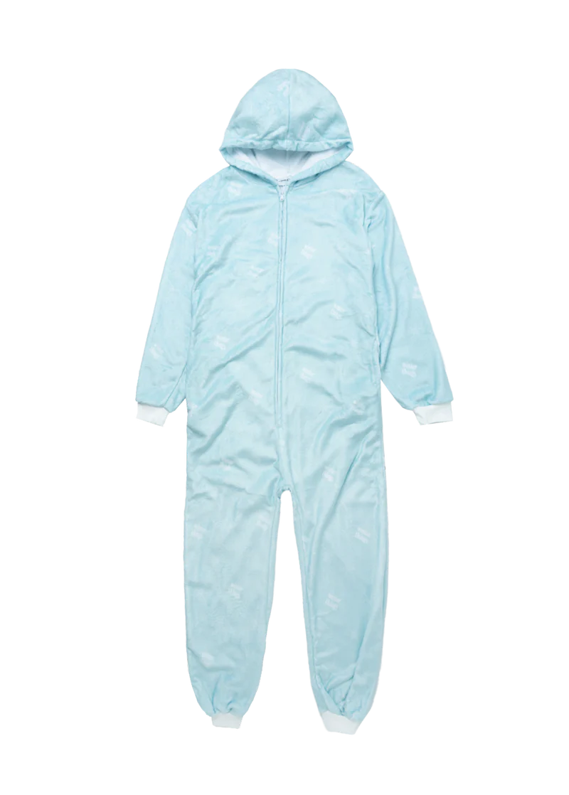 Light blue Ariana Grande Winter Things fleece onesie with hood and soft winter-inspired graphic front view