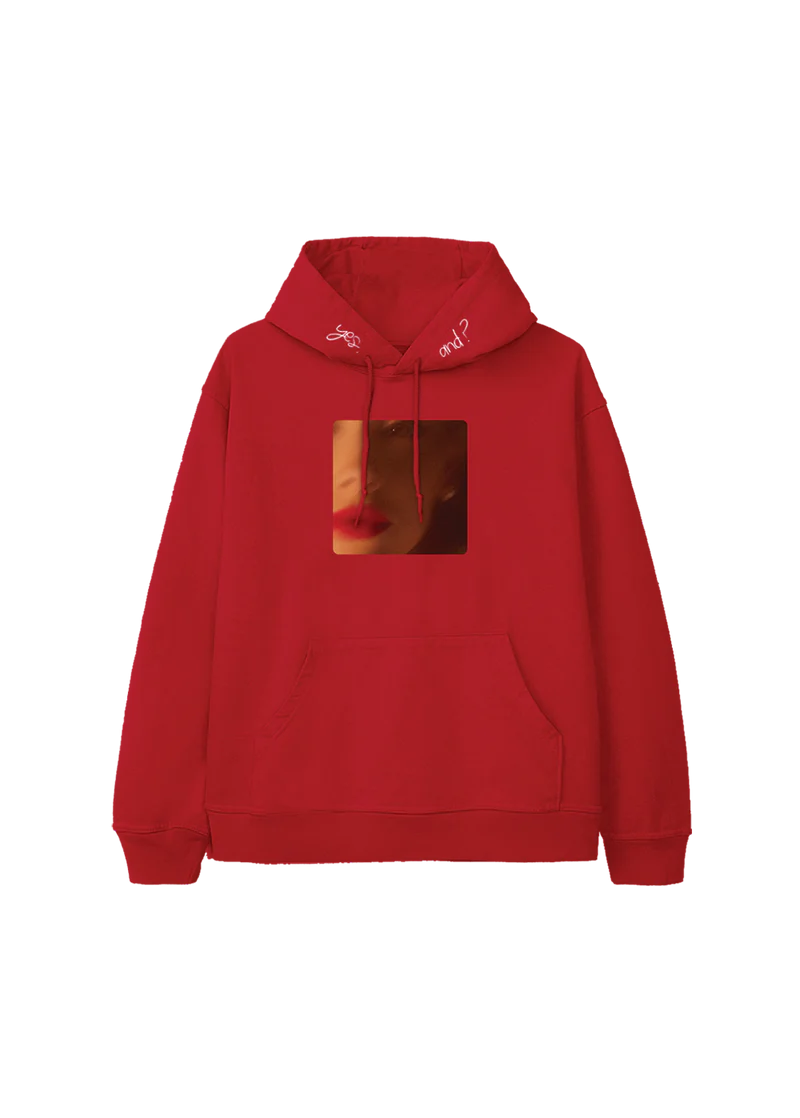 Red Ariana Grande yes and cover hoodie featuring blurred close-up album artwork and embroidered yes and text on hood