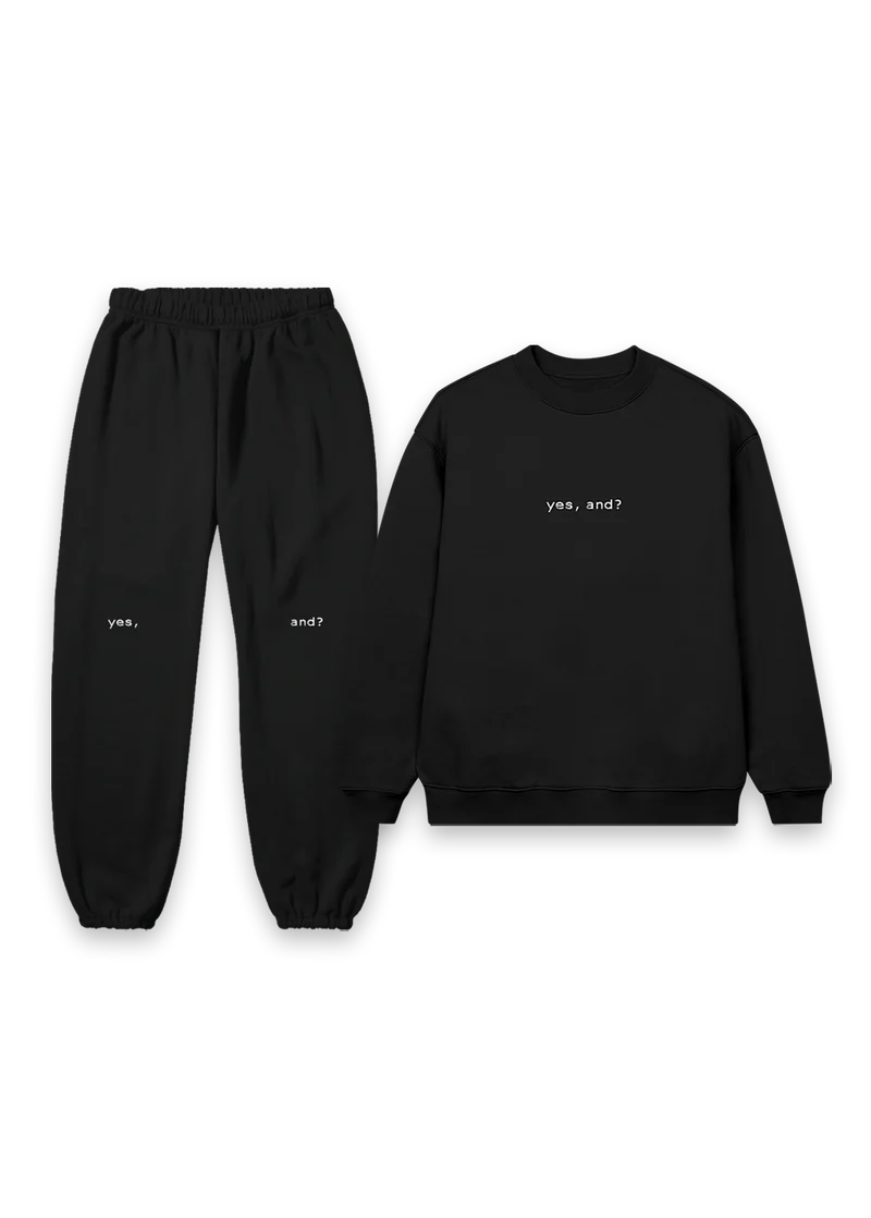 Black Ariana Grande yes and crewneck and sweatpants set with minimalist yes and matching lounge streetwear design