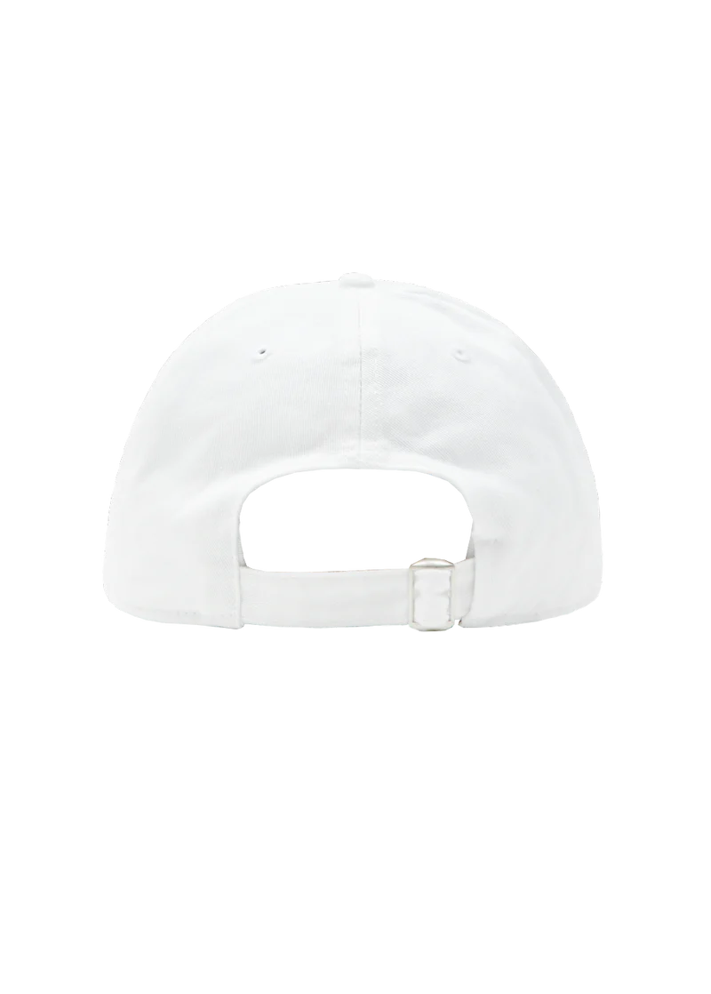 Back view of white Ariana Grande Honeymoon Avenue dad hat with adjustable strap and relaxed vintage fit