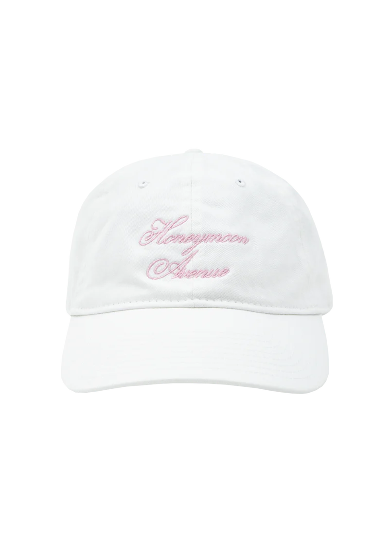 White Ariana Grande Honeymoon Avenue dad hat with soft pink embroidered script and adjustable classic cap fit