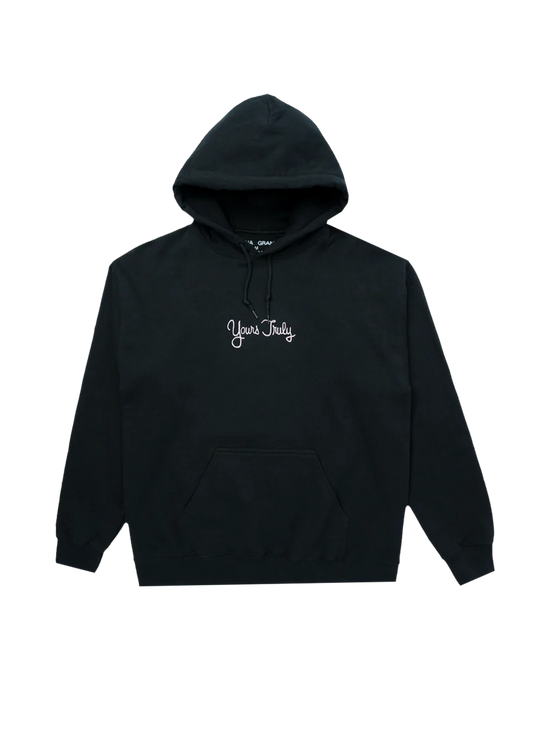 Black Ariana Grande Yours Truly hoodie front view with minimalist embroidered logo and relaxed fit