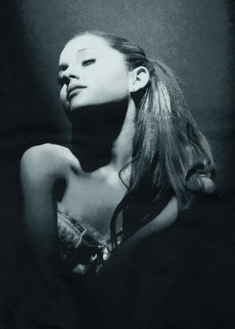 Closeup detail of Ariana Grande Yours Truly monochrome portrait graphic inspired by debut album cover