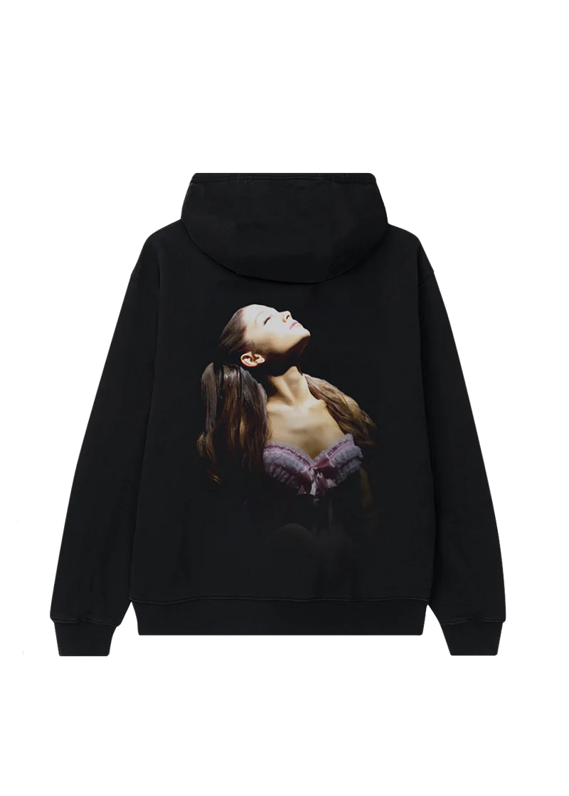 Back view of Ariana Grande Yours Truly hoodie featuring dreamy portrait artwork inspired by debut album era