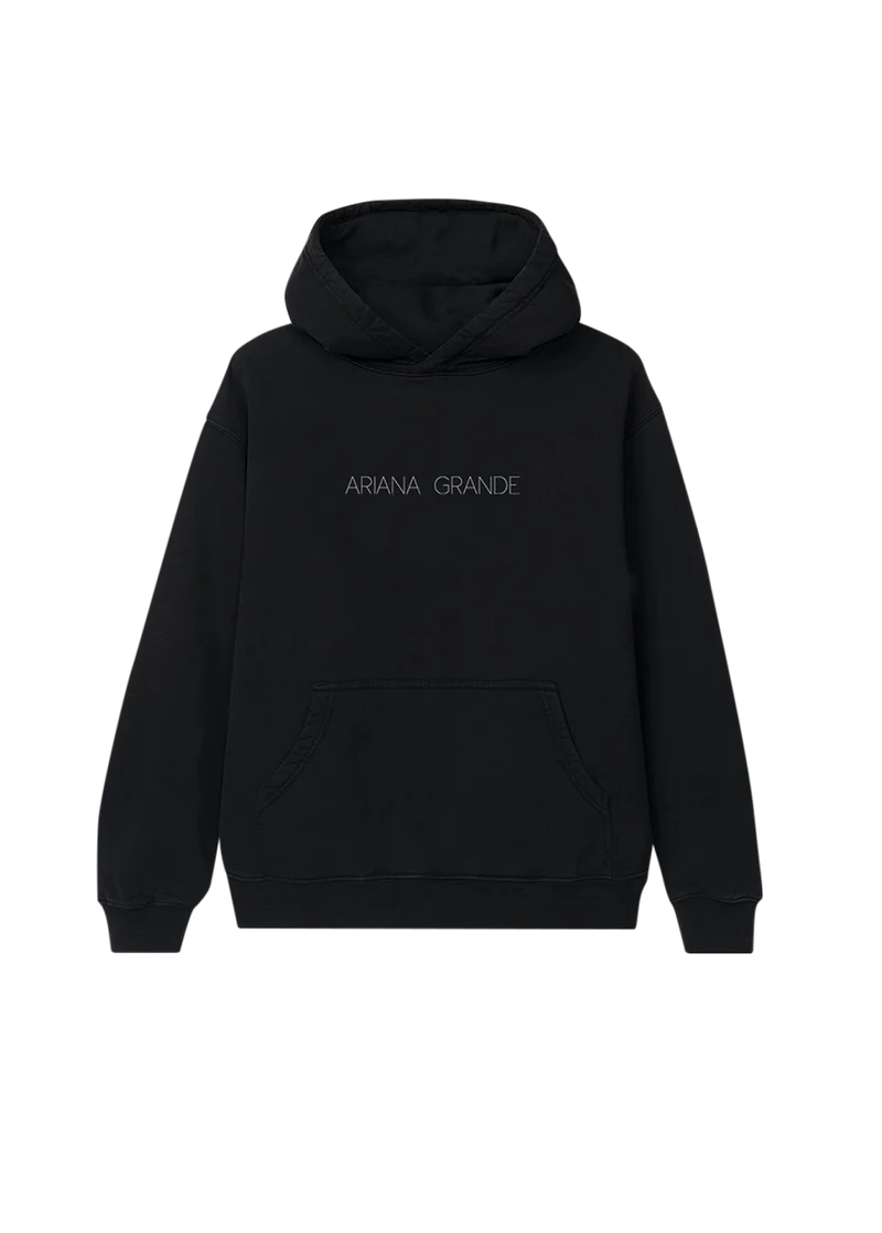 Black Ariana Grande Yours Truly hoodie front view with minimalist logo embroidery and oversized fit
