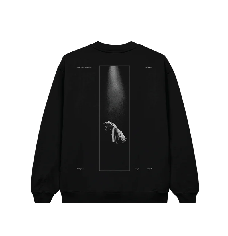Black Ariana Grande Brighter Days Ascend crewneck featuring spotlight-inspired back graphic from eternal sunshine deluxe era