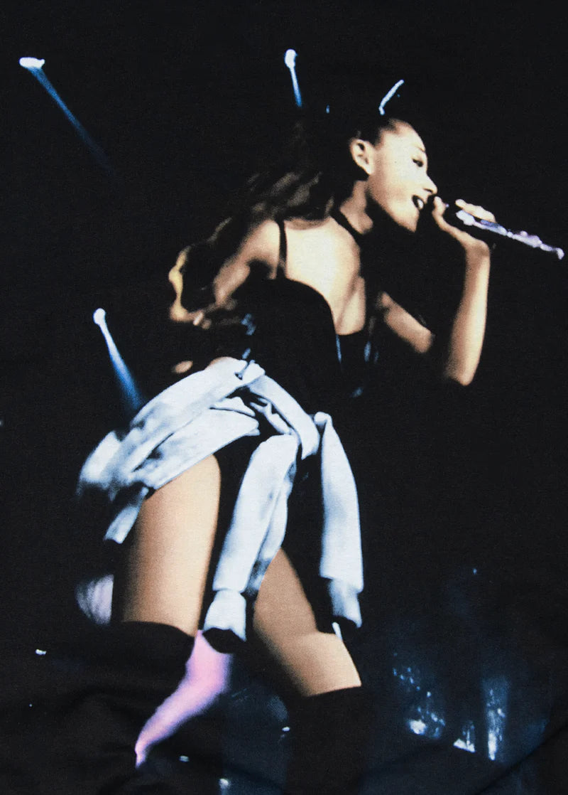 Close-up of Ariana Grande live stage performance graphic printed on black My Everything crewneck sweatshirt