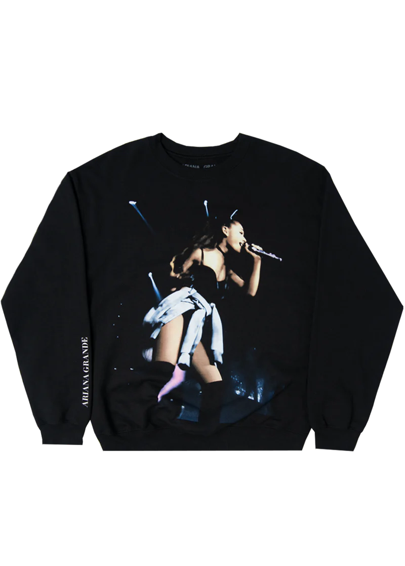 Black Ariana Grande My Everything live photo crewneck featuring energetic concert performance artwork on the front