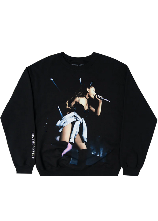 Black Ariana Grande My Everything live photo crewneck featuring energetic concert performance artwork on the front