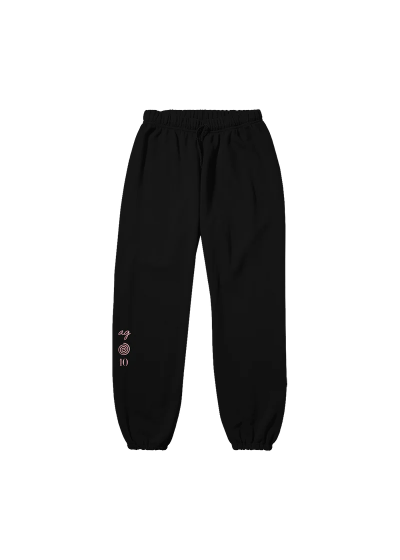 Black Ariana Grande My Everything 10th anniversary sweatpants with pink ag spiral puff print graphic on leg