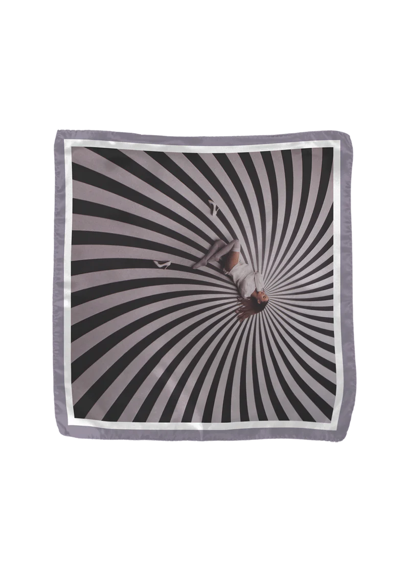 Ariana Grande My Everything 10th anniversary satin scarf with hypnotic black and white spiral artwork design