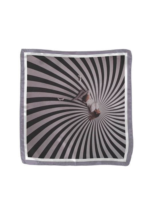 Ariana Grande My Everything 10th anniversary satin scarf with hypnotic black and white spiral artwork design