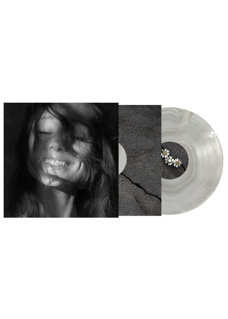Cloudy gray Ariana Grande Petal vinyl LP with monochrome portrait artwork and translucent record front view