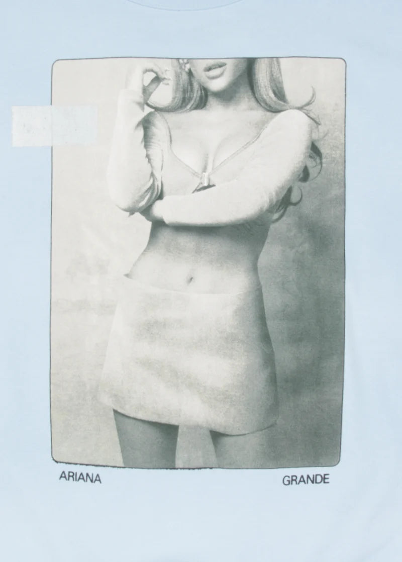 Light blue Positions crewneck with monochrome Ariana Grande portrait print and retro photo artwork detail