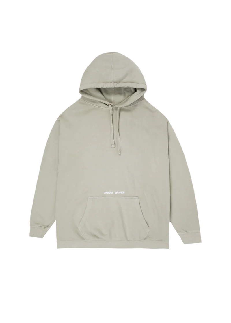 Beige Positions hoodie with minimalist Ariana Grande logo print and kangaroo pocket front view