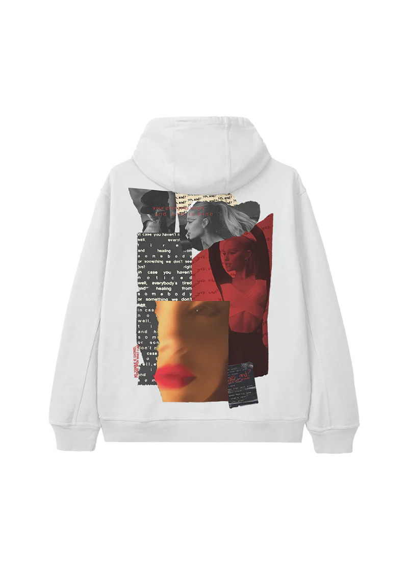 White yes and Ariana Grande hoodie with layered collage artwork and red-black editorial graphic back view