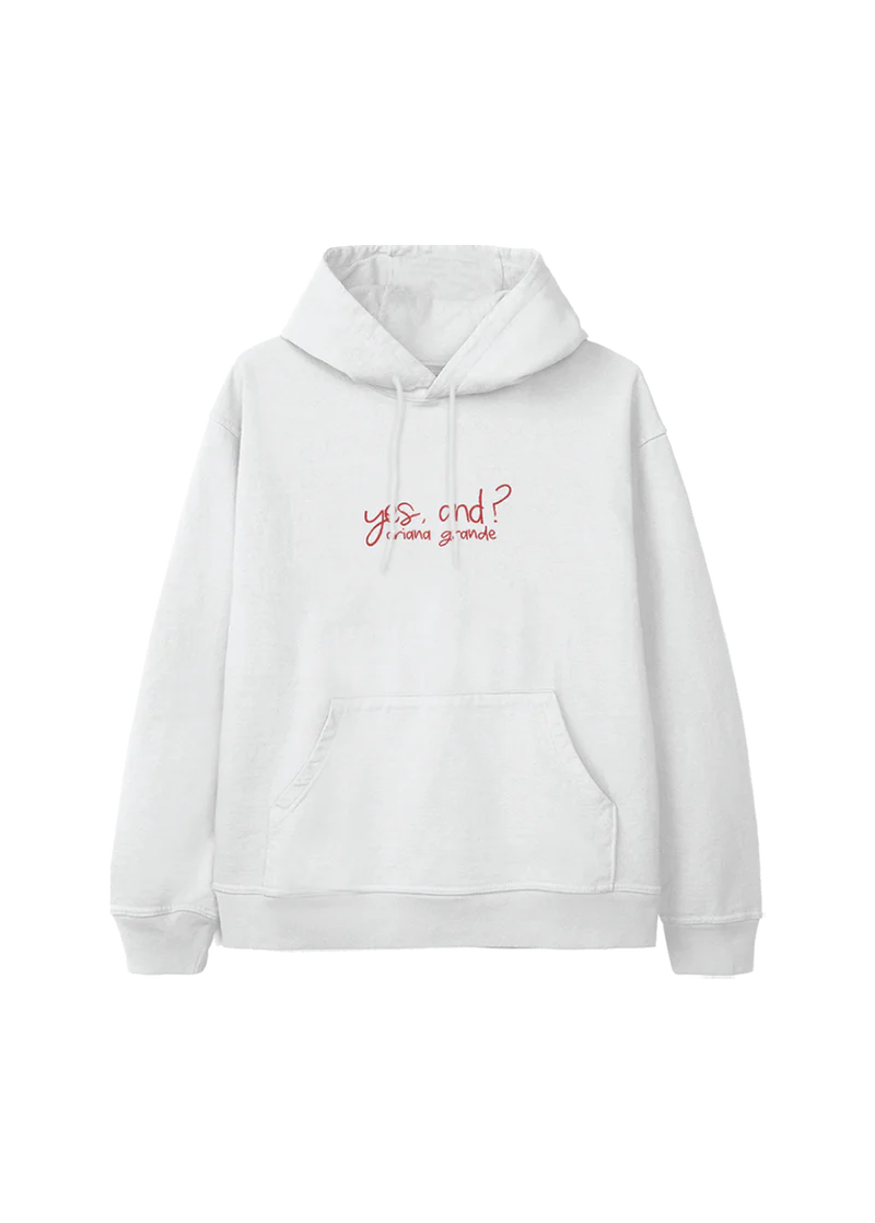 White yes and Ariana Grande hoodie with red handwritten logo print and kangaroo pocket front view