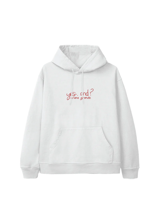 White yes and Ariana Grande hoodie with red handwritten logo print and kangaroo pocket front view