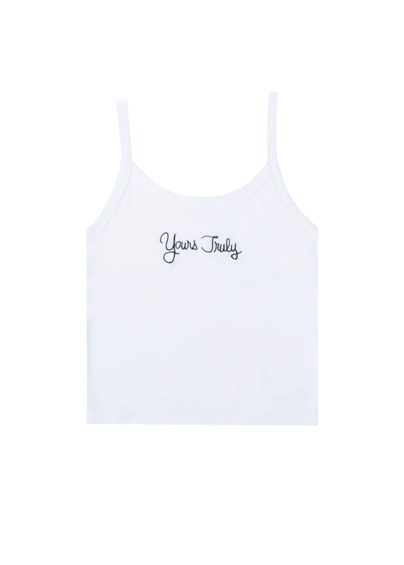 White Ariana Grande Yours Truly 10th anniversary cropped tank top with minimalist Yours Truly script logo on front chest