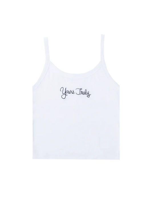 White Ariana Grande Yours Truly 10th anniversary cropped tank top with minimalist Yours Truly script logo on front chest