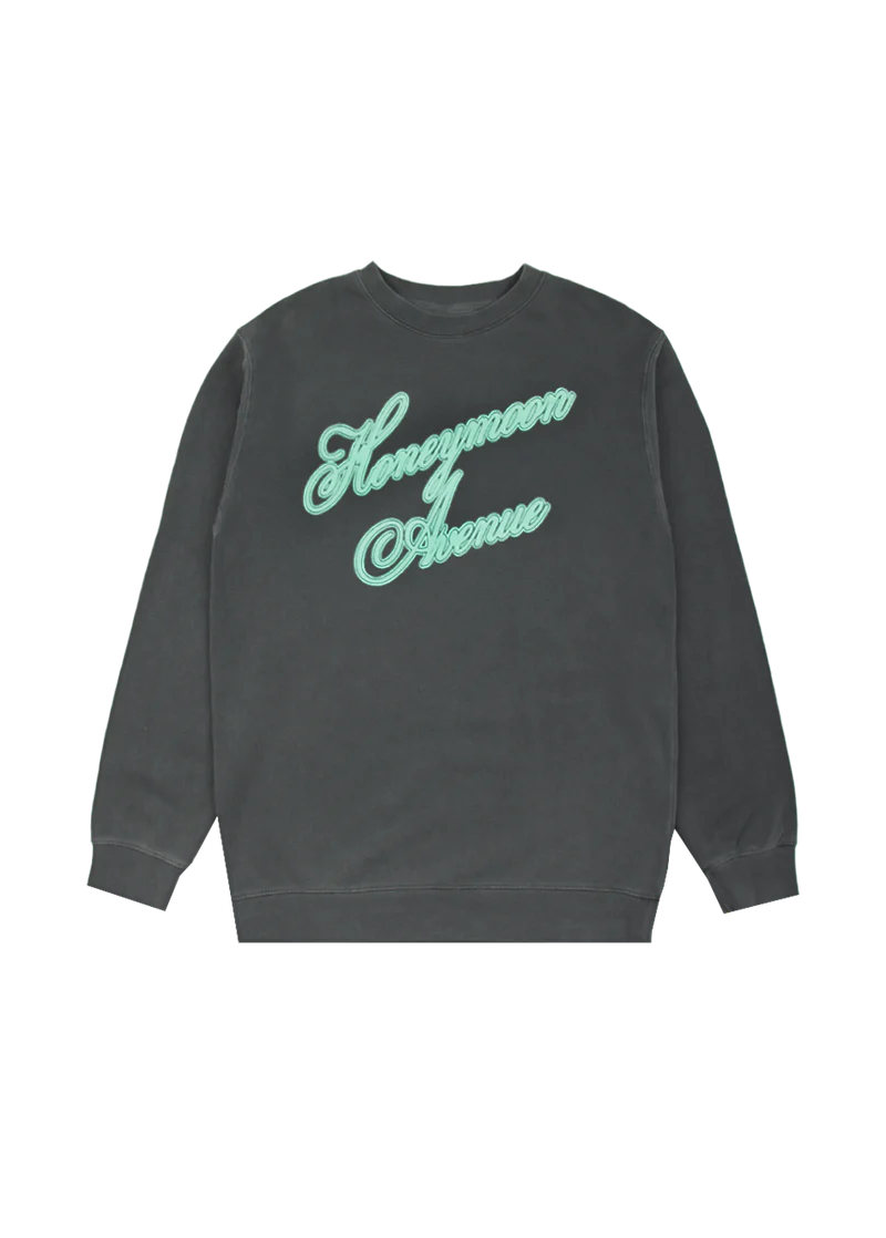 Dark charcoal Ariana Grande crewneck with mint Honeymoon Avenue script graphic front view