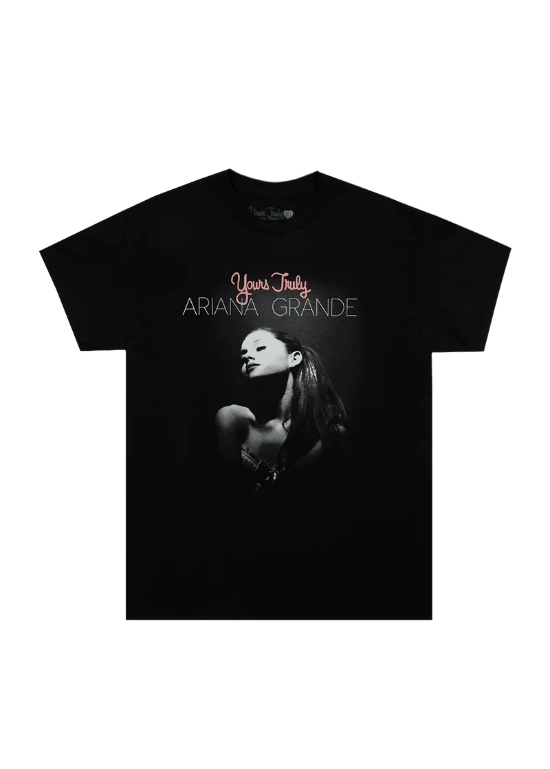 Black Ariana Grande Yours Truly 10th anniversary puff print t-shirt front view