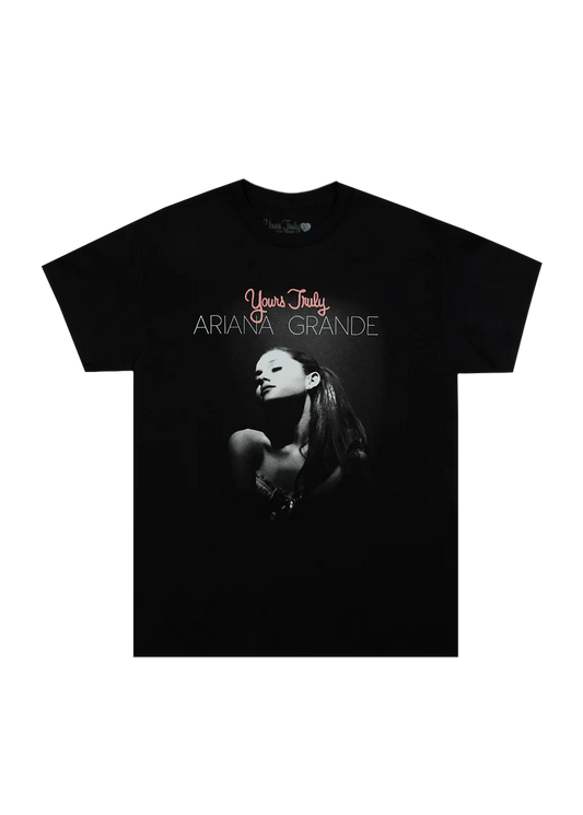 Black Ariana Grande Yours Truly 10th anniversary puff print t-shirt front view