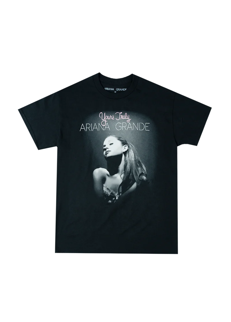 Black Ariana Grande Yours Truly cover t-shirt with monochrome album portrait graphic front view