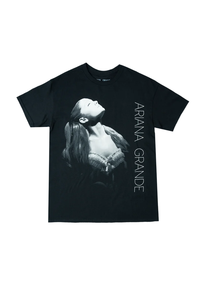 Black Ariana Grande Yours Truly photo t-shirt with monochrome portrait graphic front view