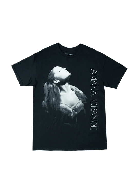 Black Ariana Grande Yours Truly photo t-shirt with monochrome portrait graphic front view